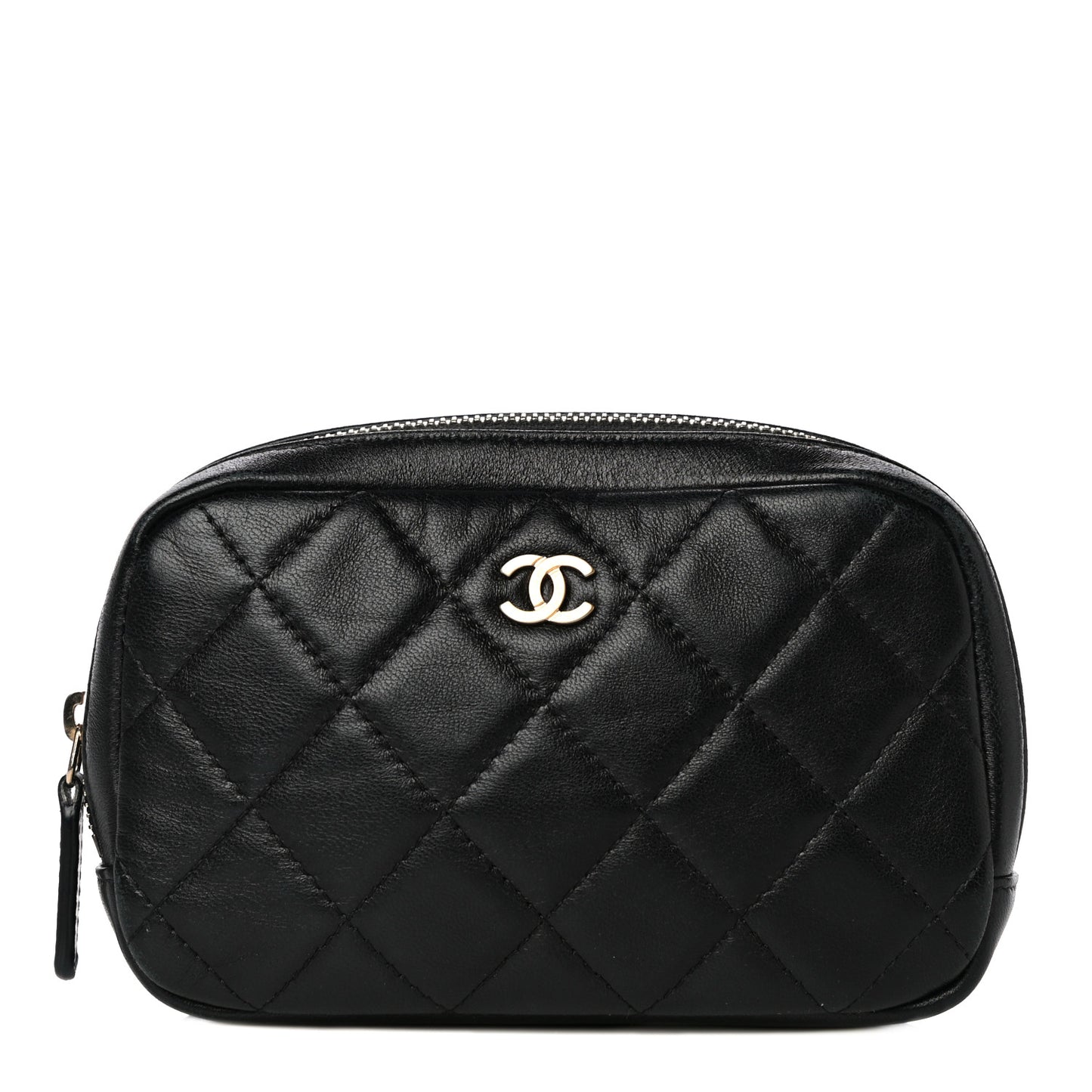 Lambskin Quilted Small Curvy Pouch Cosmetic Case Black
