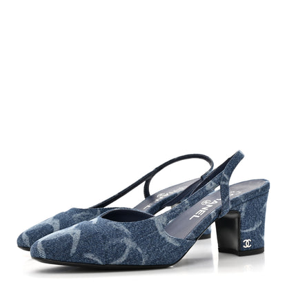 Chanel Printed Denim Cap Toe CC Slingback Pumps 38.5 Dark Blue White 3 of 8