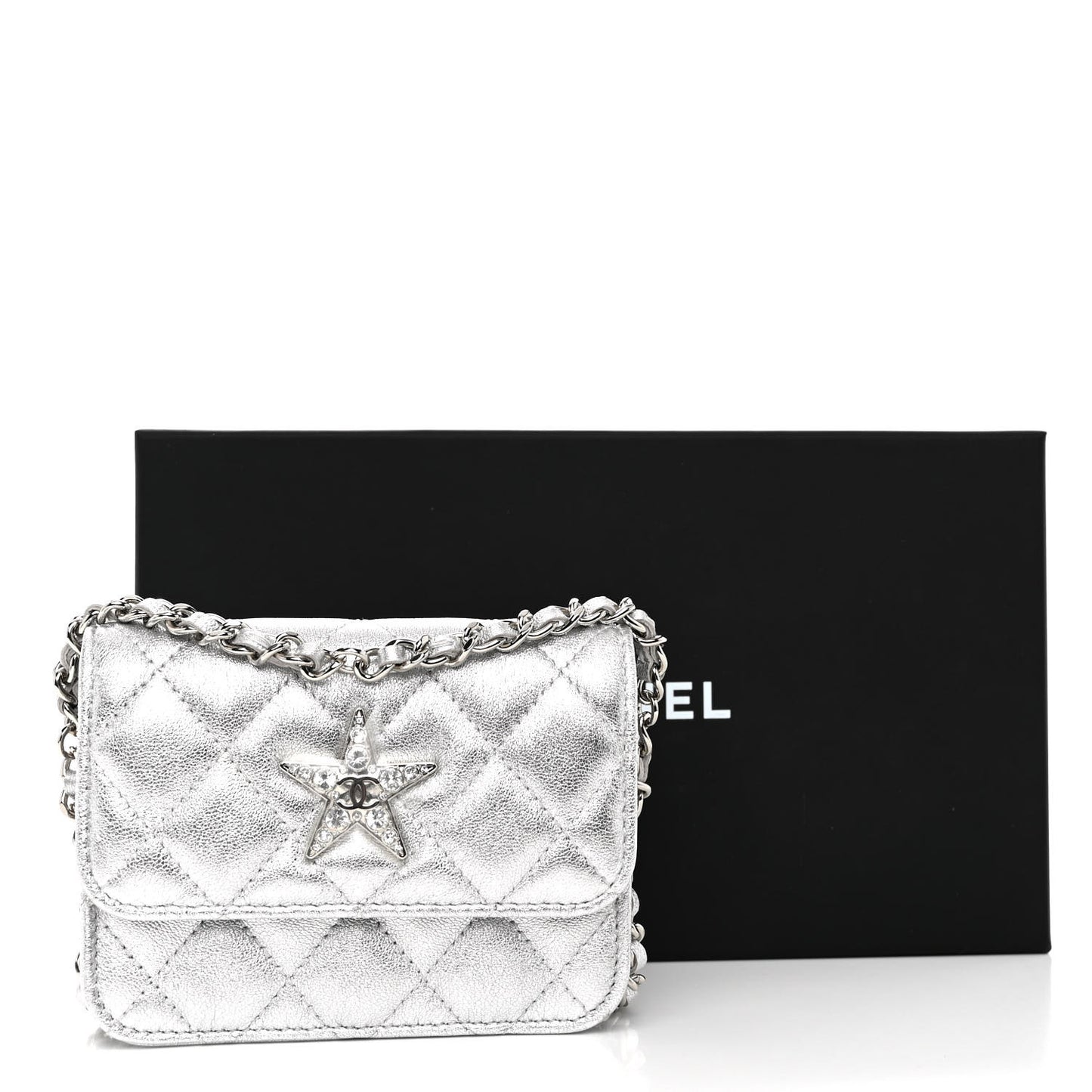 Metallic Goatskin Quilted Crystal CC Walk Of Fame Clutch With Chain Silver
