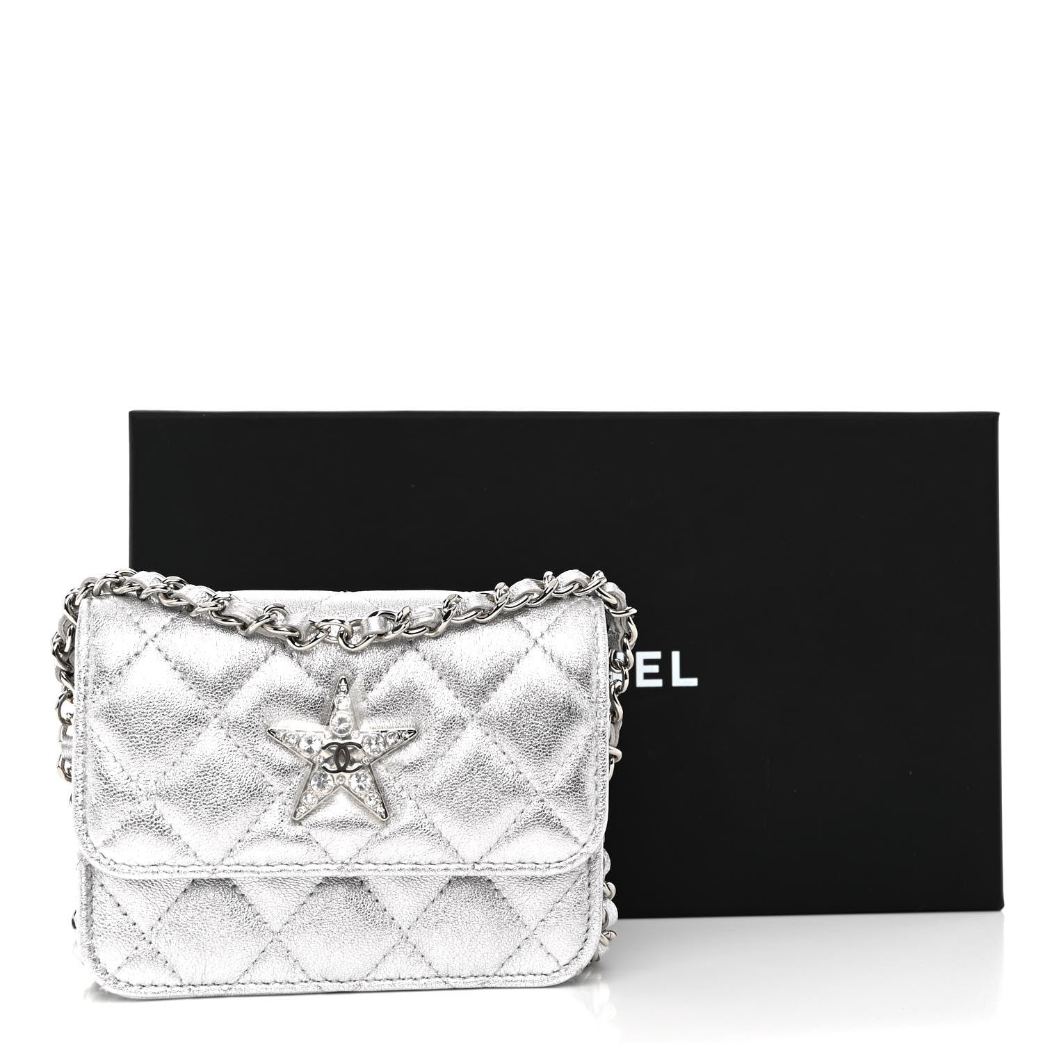 Chanel Metallic Goatskin Quilted Crystal CC Walk Of Fame Clutch With Chain Silver 13 of 13