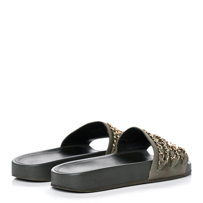 Chanel Canvas Chain Flat Sandals 36 Khaki 4 of 10