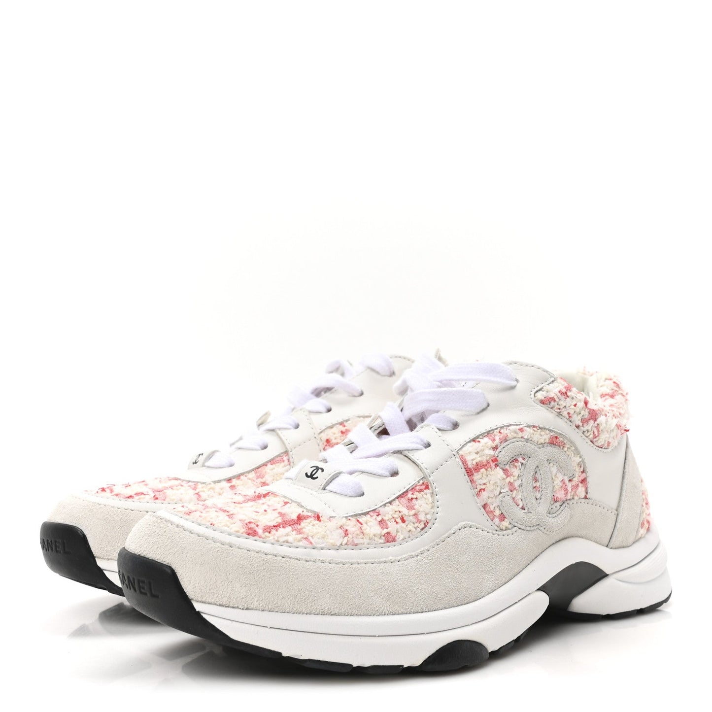 Tweed Suede Calfskin Womens CC Sneakers 40 Ecru Pink Red White