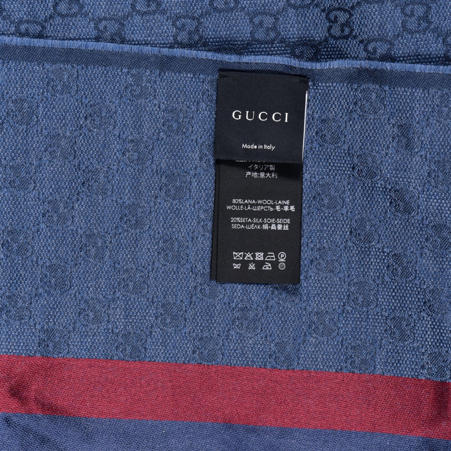 Wool Silk GG Monogram Web Verbier Fringe Scarf Sapphire Bordeaux