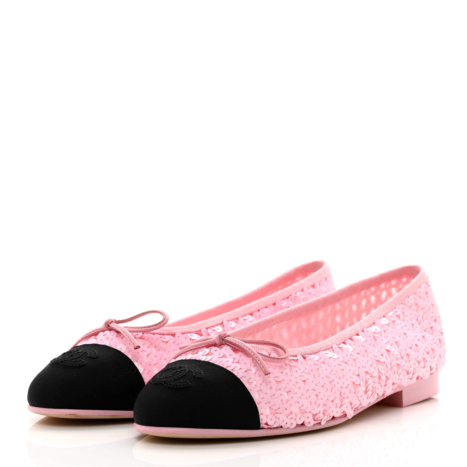 Chanel Sequins Satin Cap Toe CC Flat 37 Pink Black 3 of 8