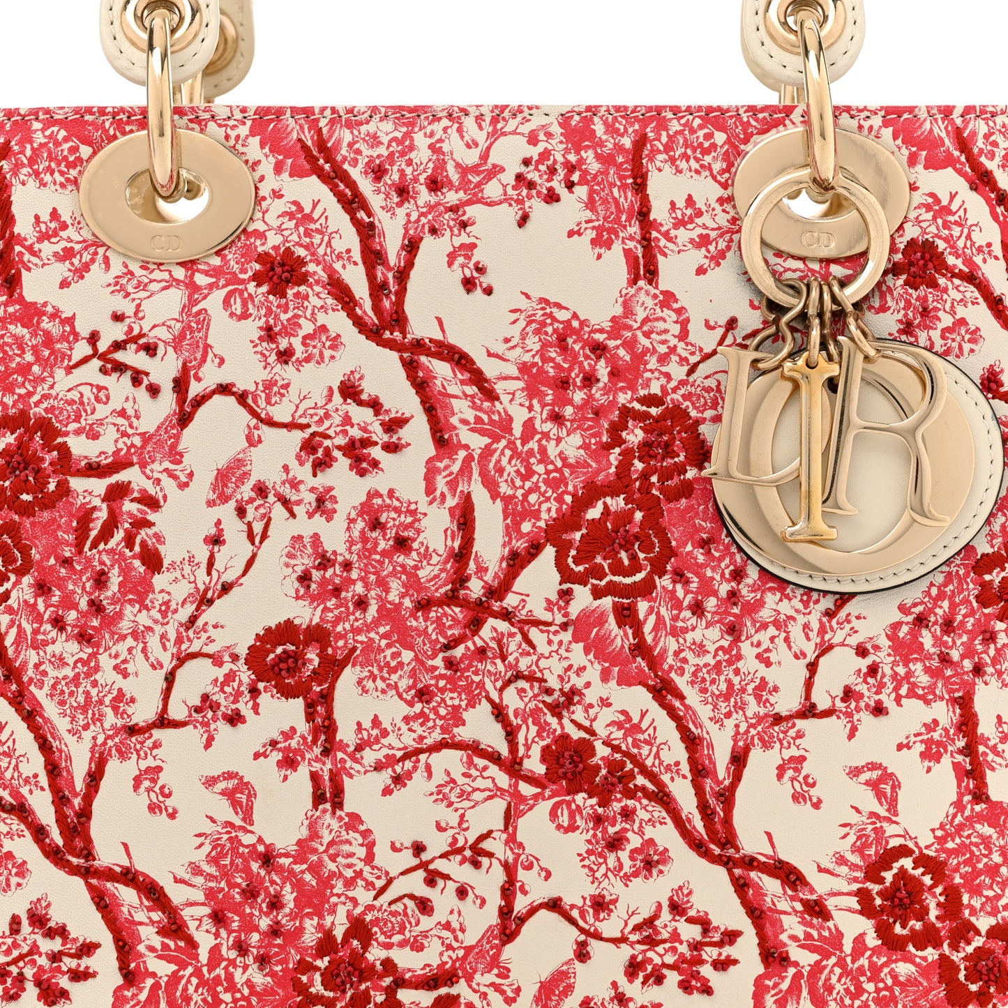 Lambskin Embroidered Floral Toile de Jouy Medium Lady Dior White Red