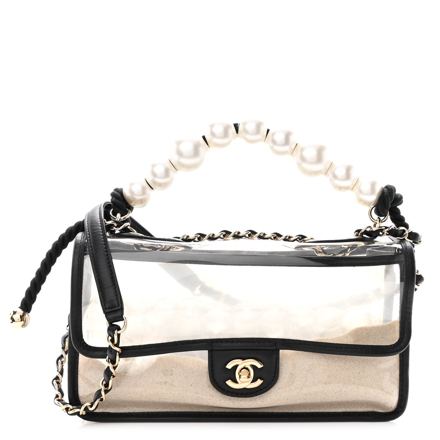 Lambskin PVC Sand By The Sea Flap With Pearl Strap Black