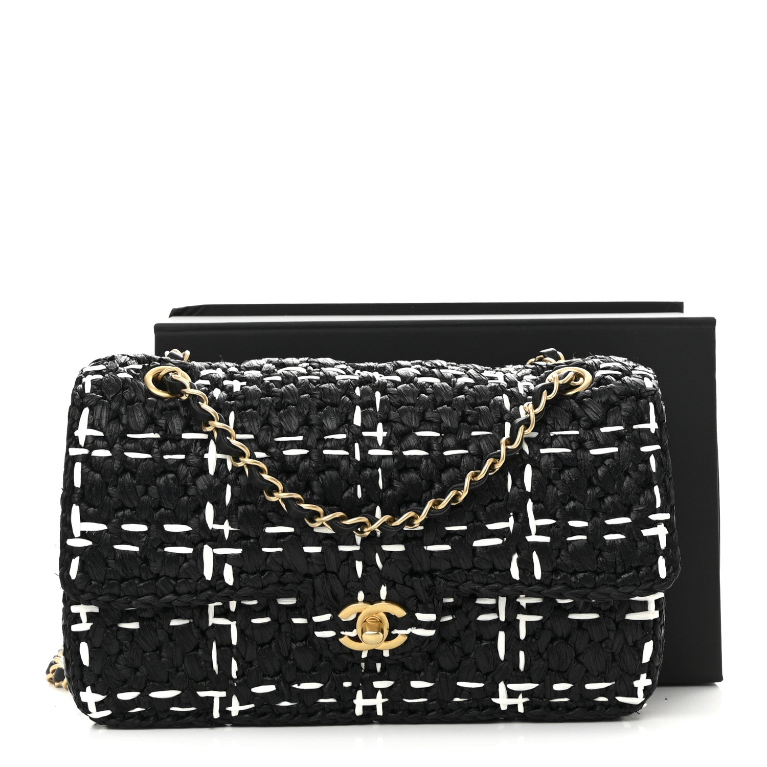 Chanel Raffia Effect Medium Tweedy Flap Bag Black White 11 of 11