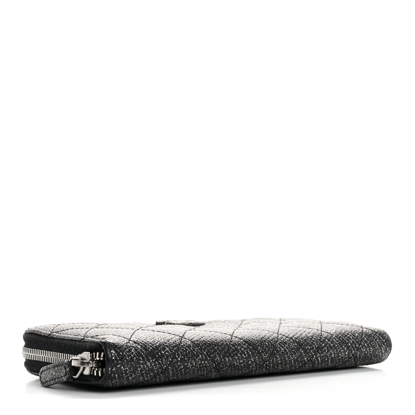 Glittered Calfskin Quilted Large Gusset Zip Wallet Black