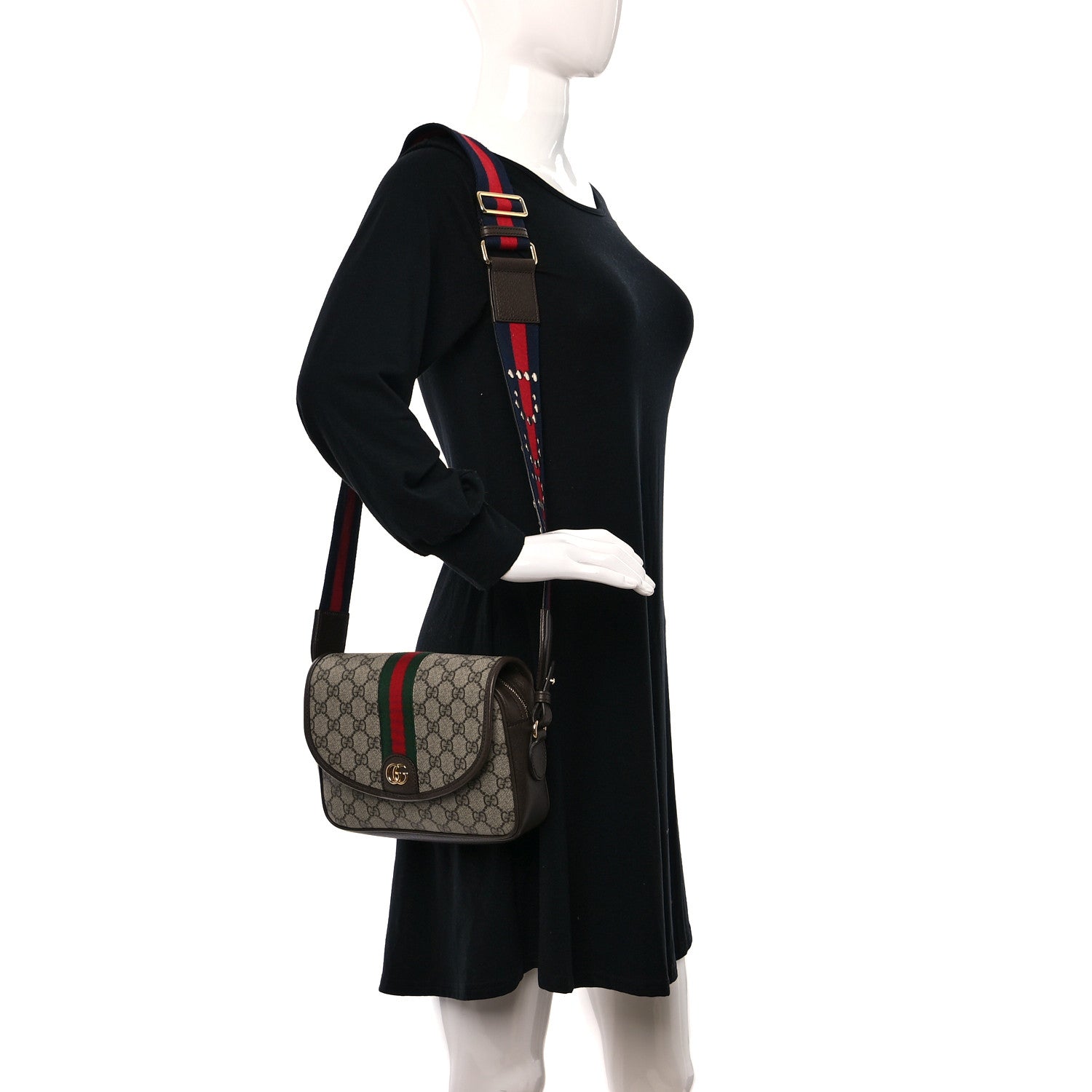 Gucci GG Supreme Monogram Textured Dollar Calfskin Web Studded Mini Ophidia Flap Shoulder Bag Beige Ebony New Acero 2 of 8