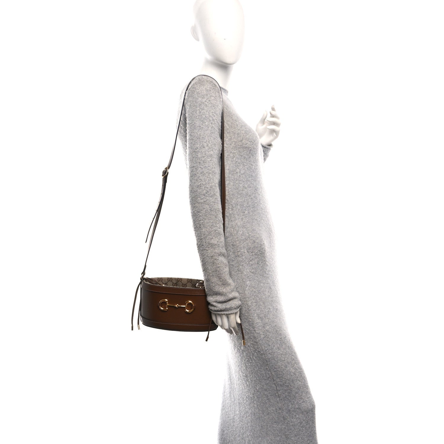 Gucci Monogram Textured Calfskin Horsebit 1955 Drawstring Bucket Bag Beige Brown Sugar 2 of 10