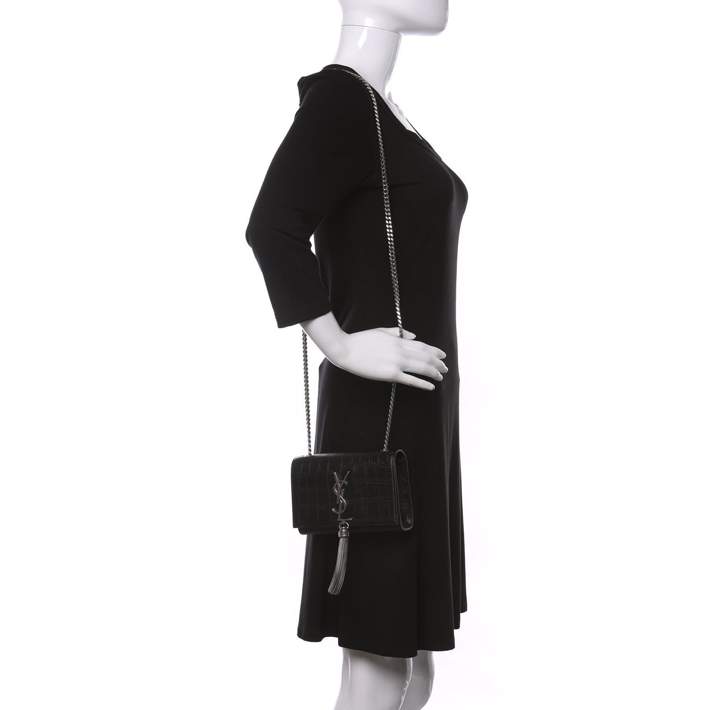 Calfskin Crocodile Embossed Monogram Small Kate Tassel Satchel Black