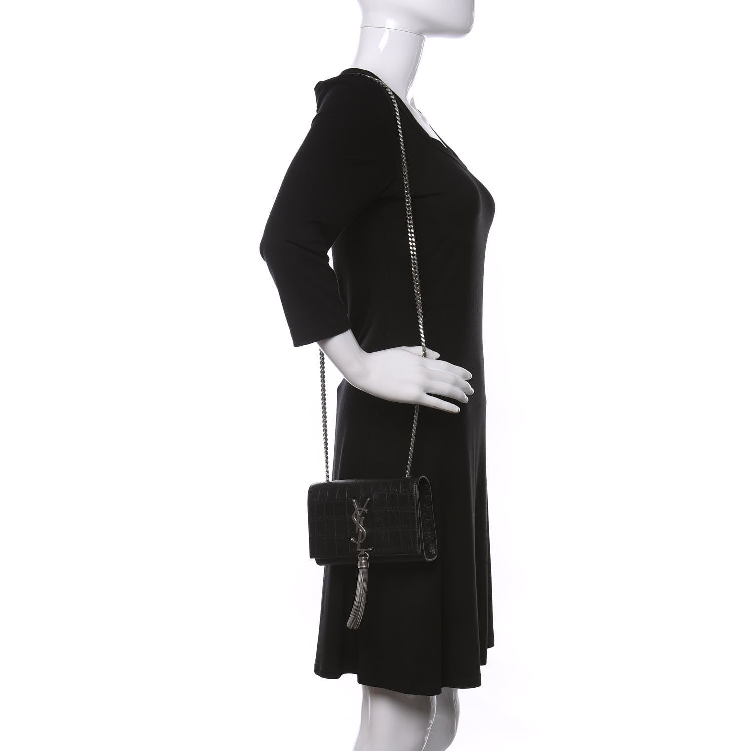 Saint Laurent Calfskin Crocodile Embossed Monogram Small Kate Tassel Satchel Black 2 of 8