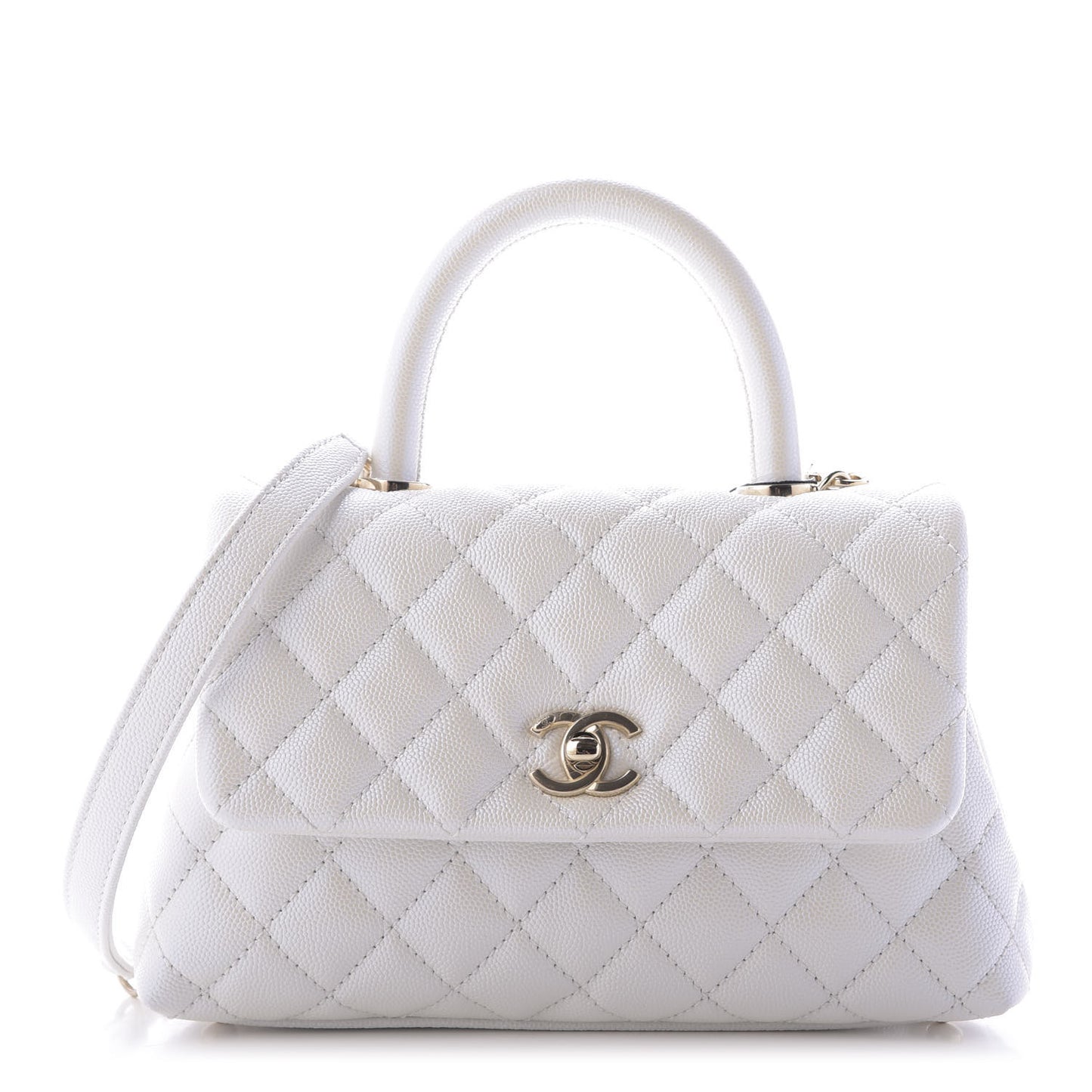 Iridescent Caviar Quilted Mini Coco Handle Flap White