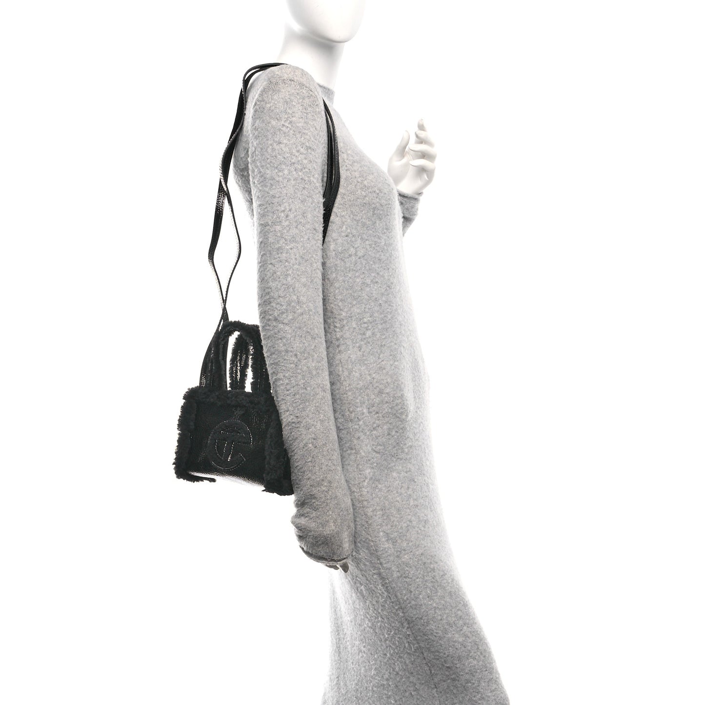 X UGG Crinkle Patent Shearling Small Shopping Bag Black