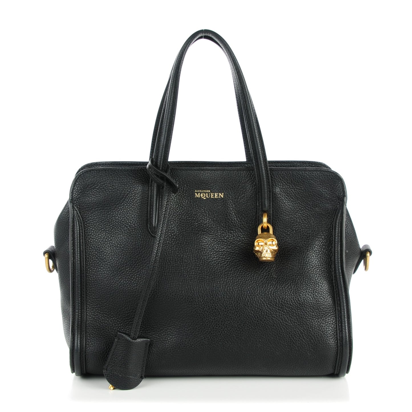 Pebbled Calfskin Medium Skull Padlock Zip Around Tote Black