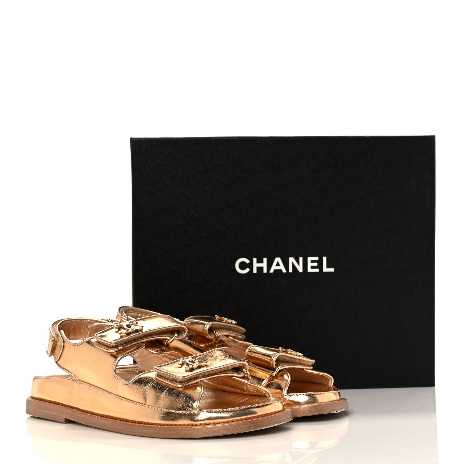 Chanel Metallic Laminated Calfskin Velcro Dad Sandals 36.5 Golden 9 of 9