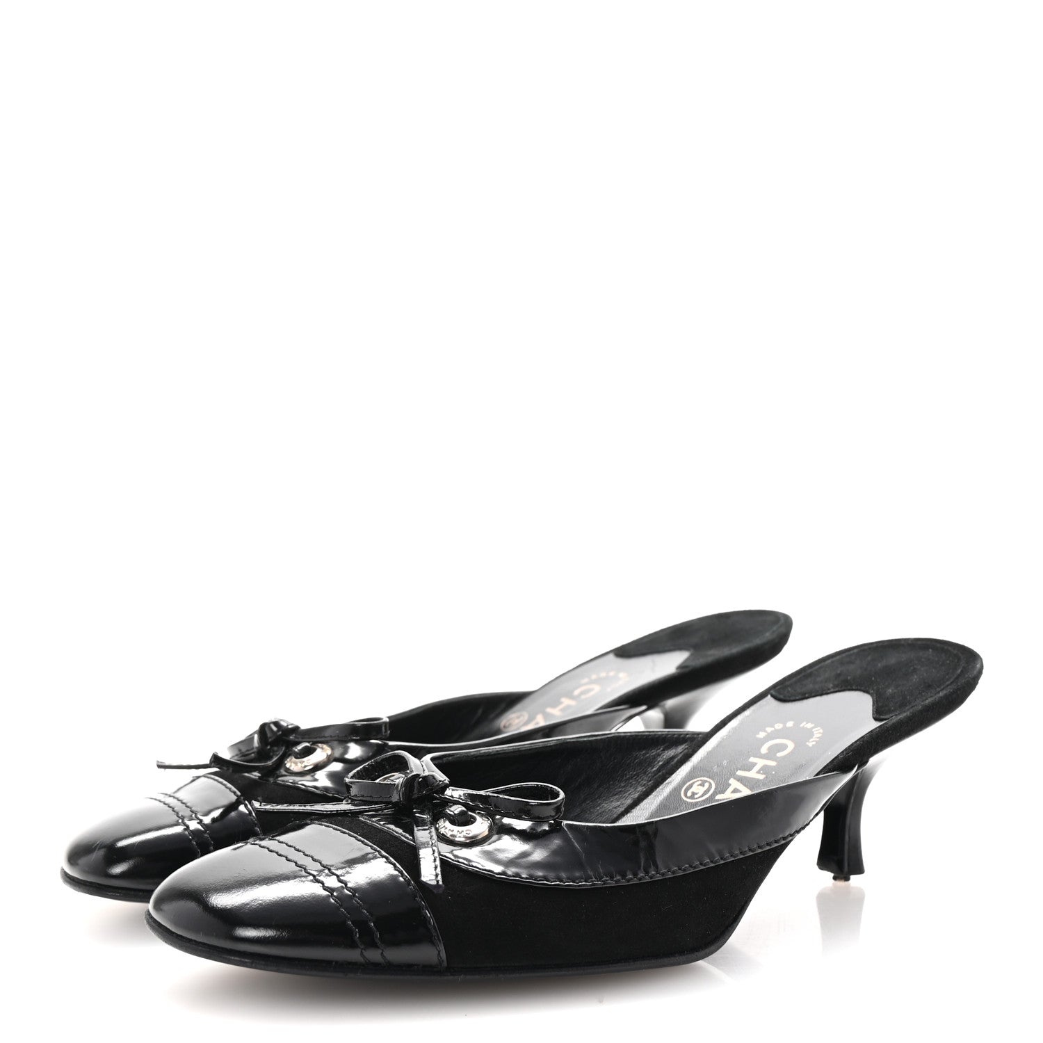 Chanel Patent Suede Cap Toe Kitten Heel Pumps 37.5 Black 4 of 8