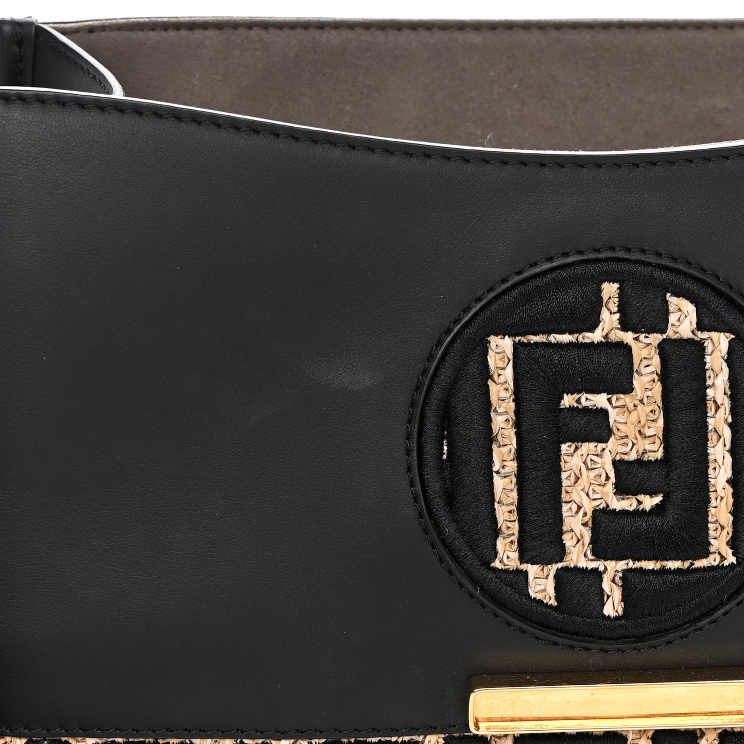 Vitello Century Raffia Snakeskin F is Fendi FF Woven Embroidered Kan I Shoulder Bag Black Natural