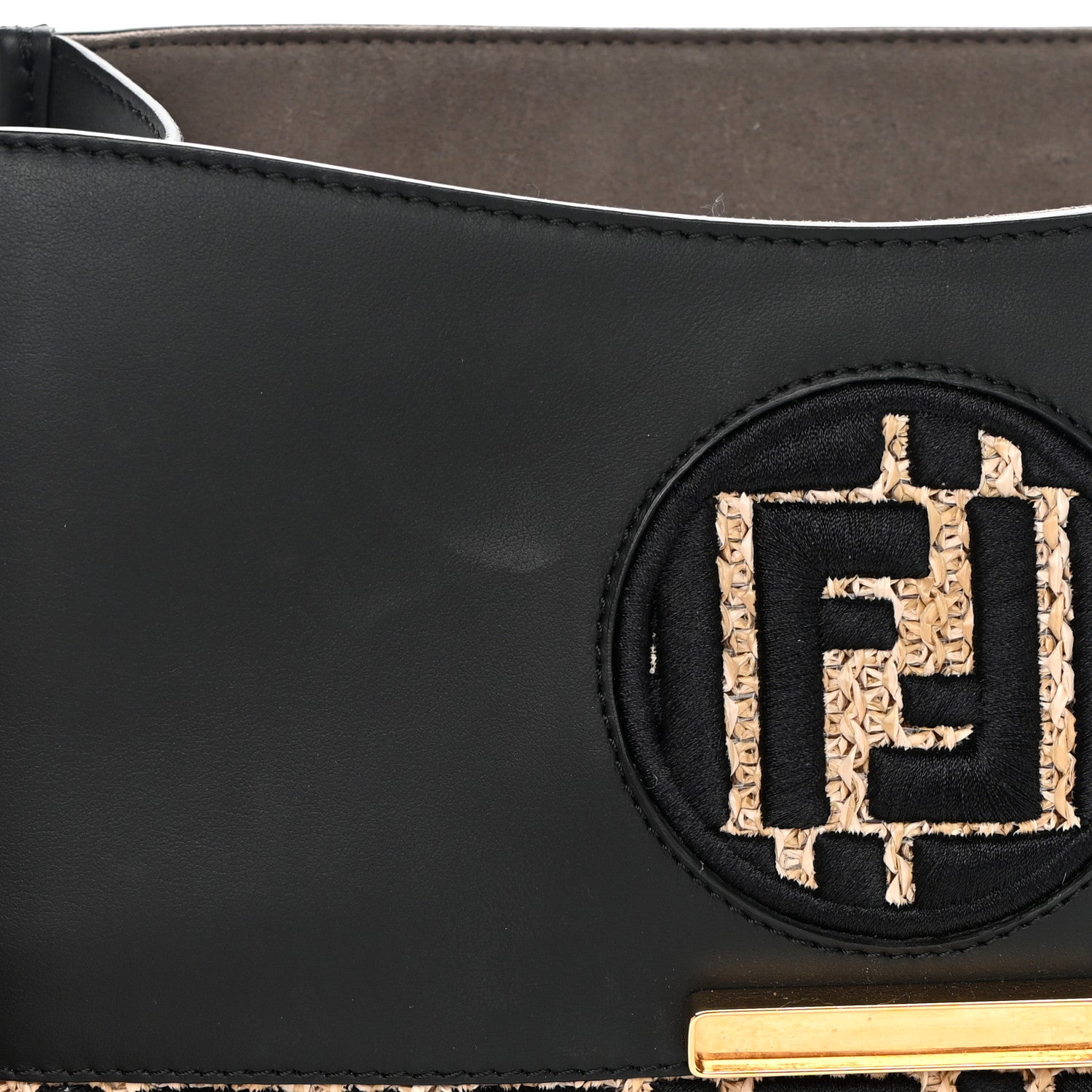 Fendi Vitello Century Raffia Snakeskin F is Fendi FF Woven Embroidered Kan I Shoulder Bag Black Natural 11 of 14