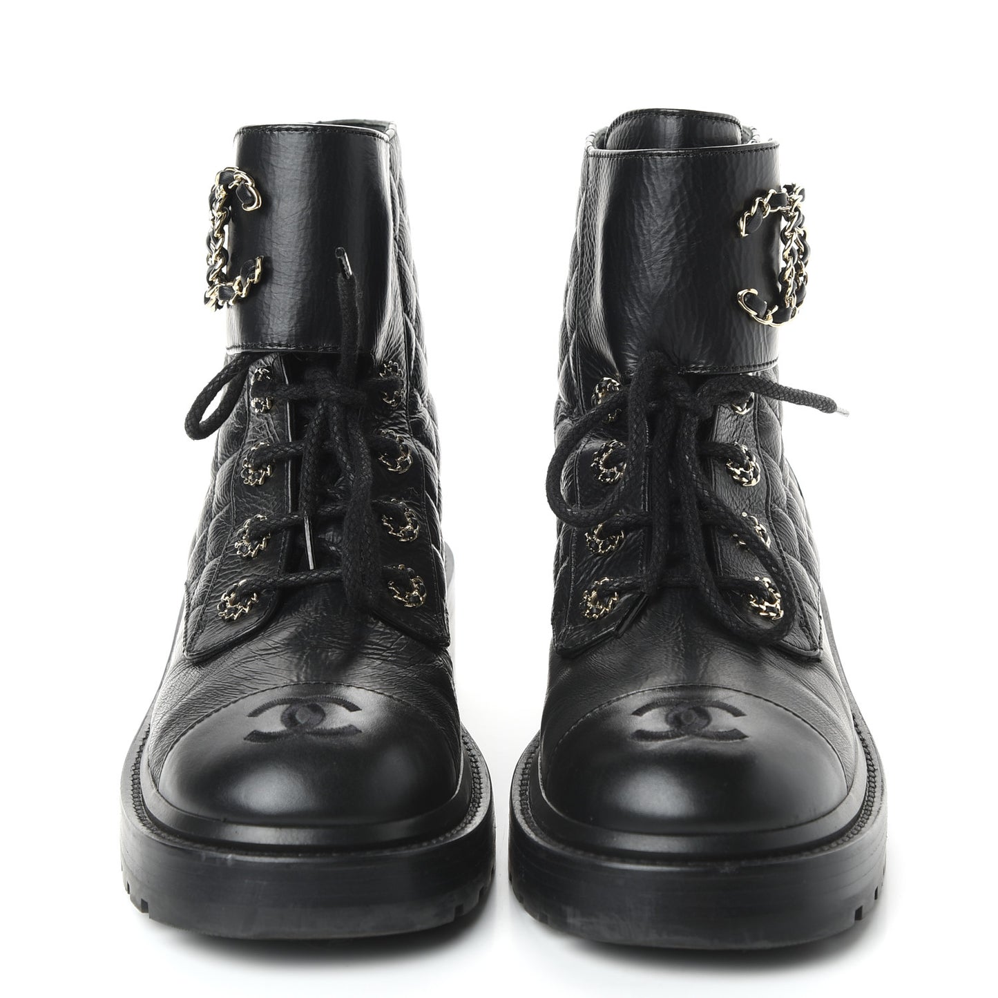 Shiny Goatskin Calfskin Quilted Lace Up Combat Boots 38 Black