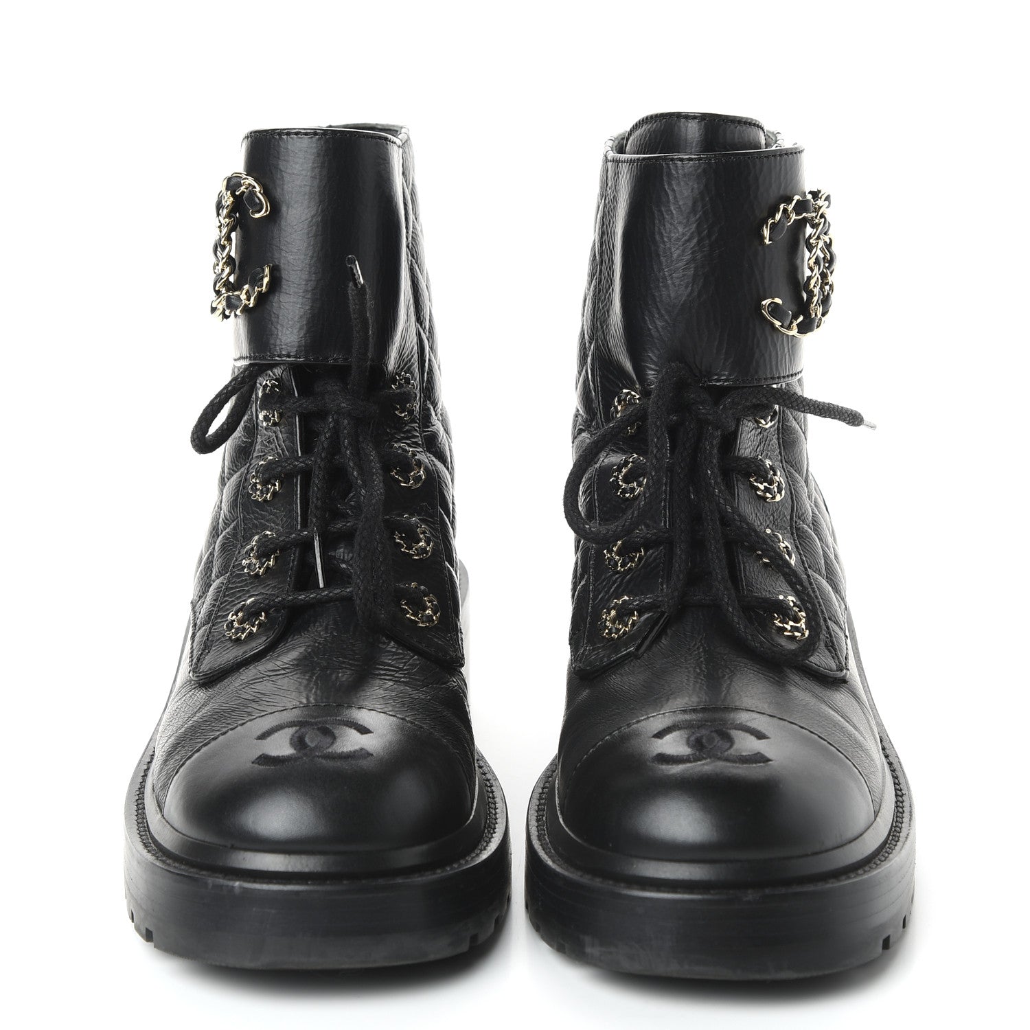 Chanel Shiny Goatskin Calfskin Quilted Lace Up Combat Boots 38 Black 2 of 9