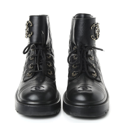 Chanel Shiny Goatskin Calfskin Quilted Lace Up Combat Boots 38 Black 2 of 9