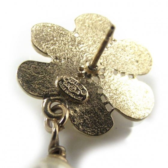 CC Flower Pearl Dangle Earrings Gold