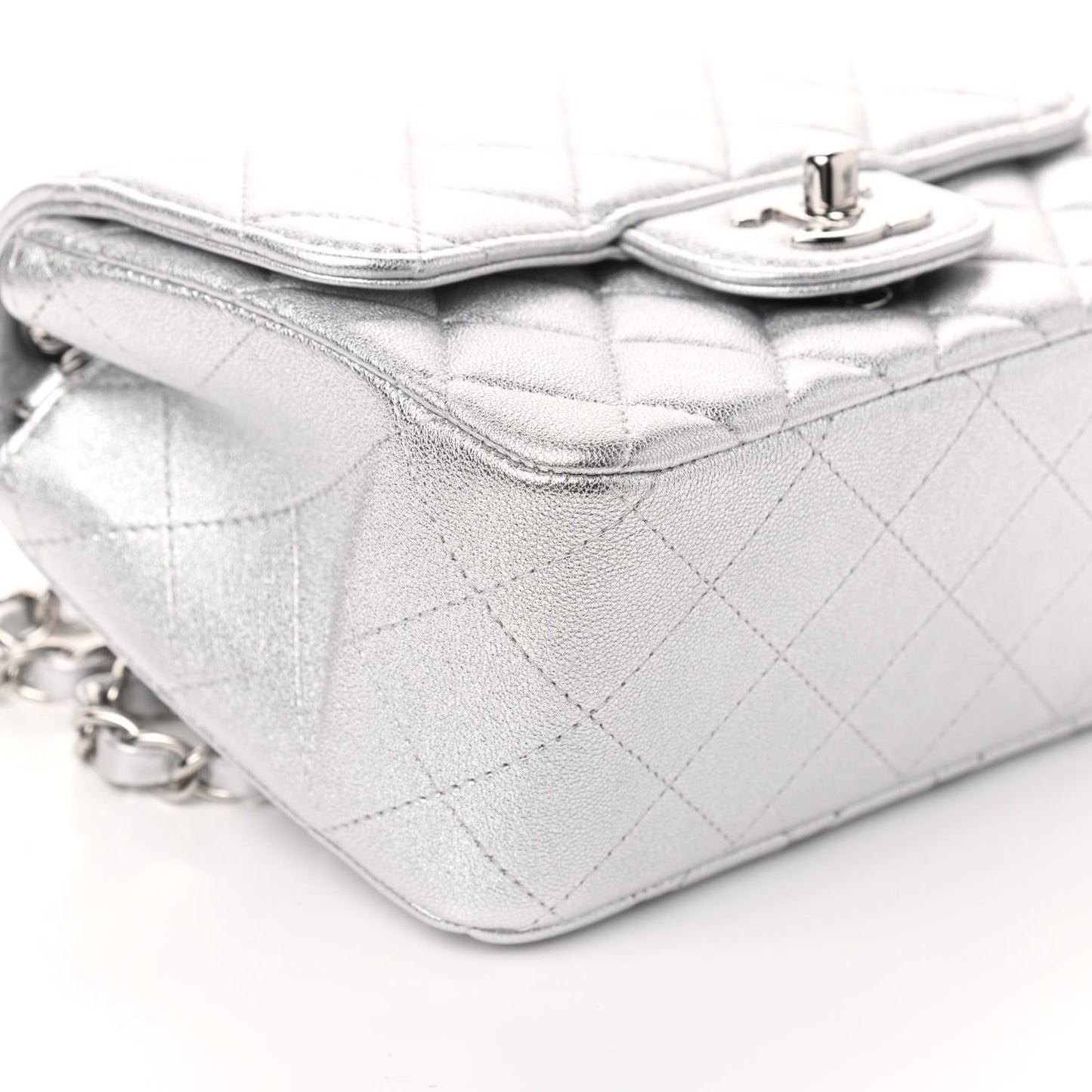 Metallic Lambskin Quilted Mini Square Flap Silver