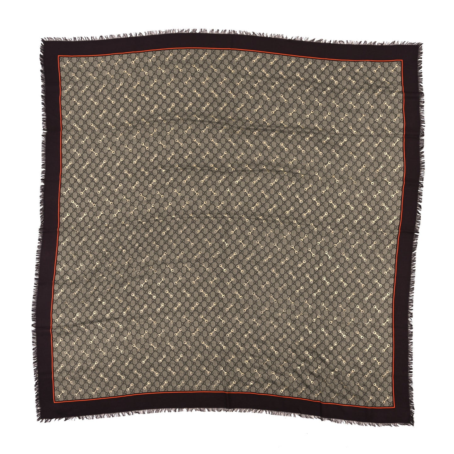 Modal Silk GG Monogram Big Gold Horsebit Fringe Shawl Beige Brown Orange
