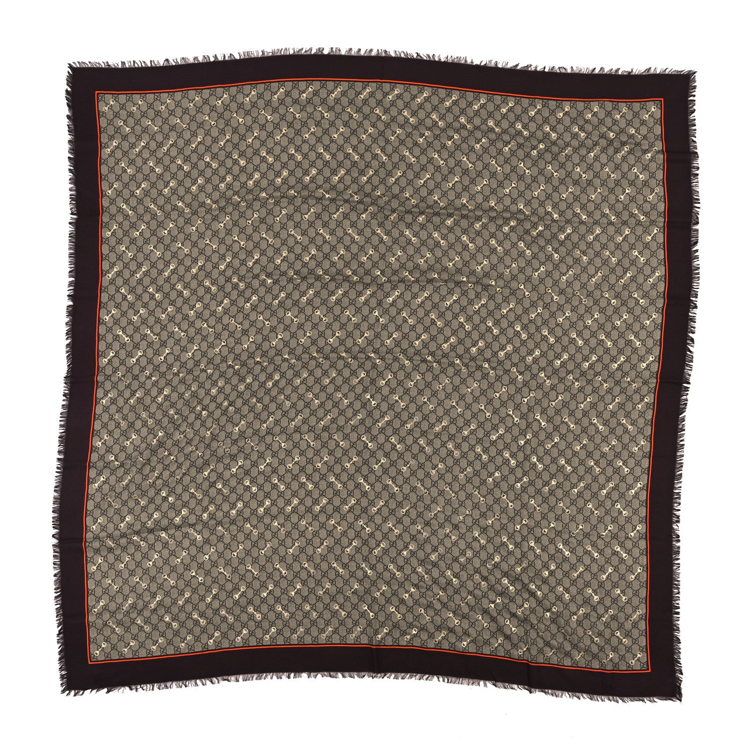 Gucci Modal Silk GG Monogram Big Gold Horsebit Fringe Shawl Beige Brown Orange 1 of 3