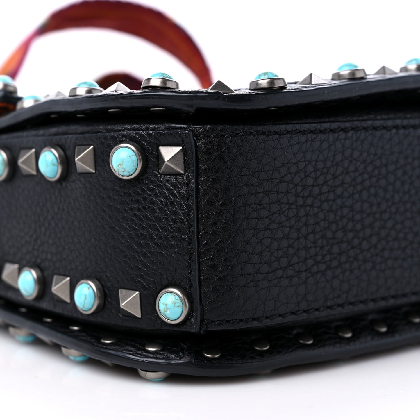 Pebbled Calfskin Beaded Medium Guitar Strap Rockstud Rolling Flap Saddle Bag Black