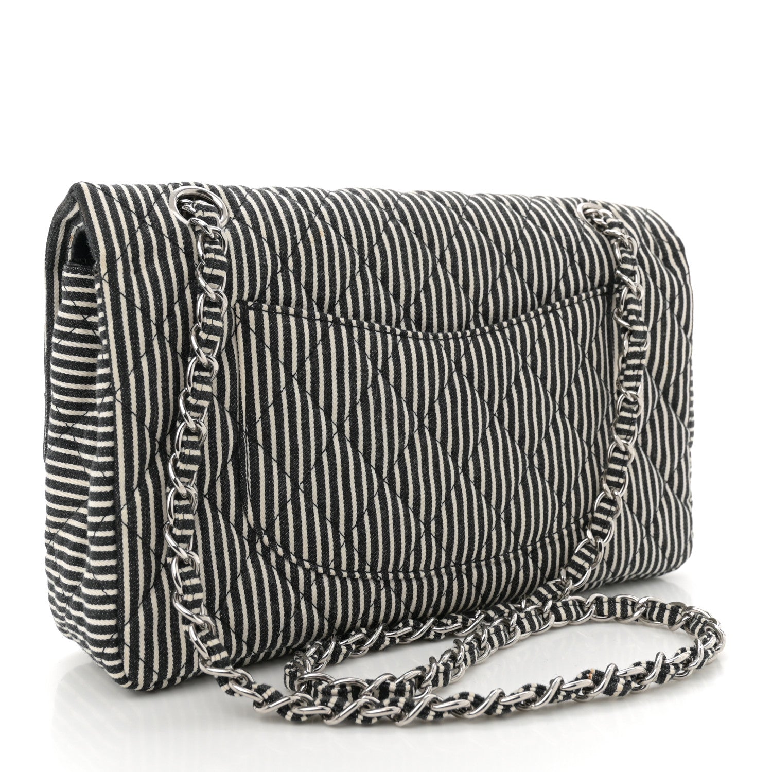 Chanel Canvas Sequin Stripe Medium Double Flap Black White 3 of 10