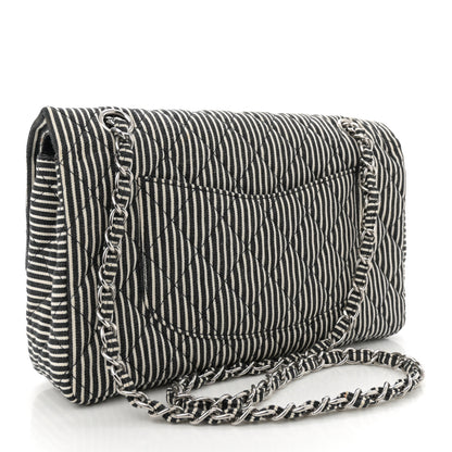 Chanel Canvas Sequin Stripe Medium Double Flap Black White 3 of 10