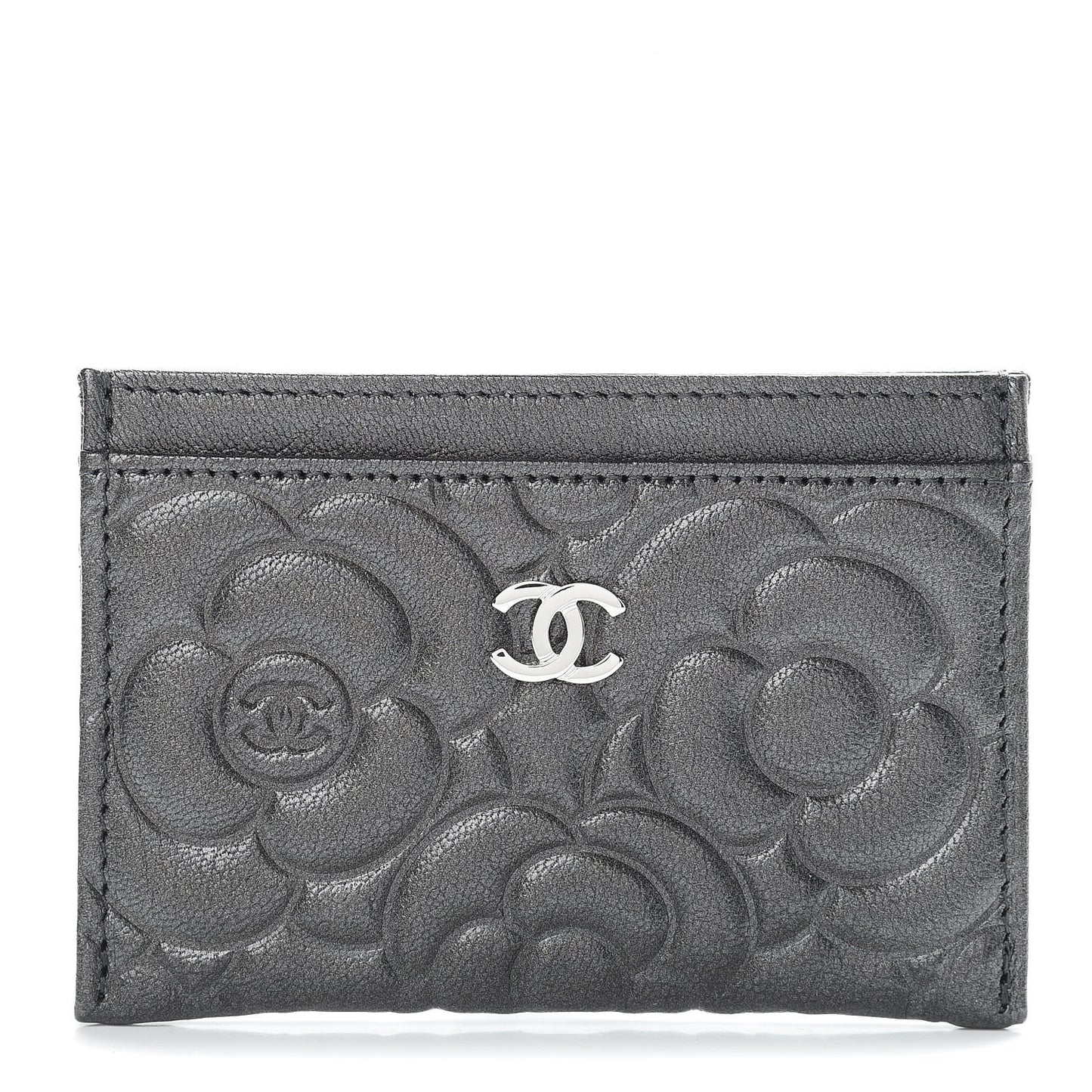 Goatskin Camellia Embossed Card Holder Anthracite