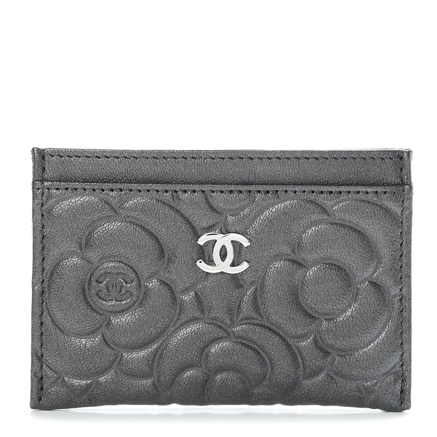 Chanel Goatskin Camellia Embossed Card Holder Anthracite 1 of 9