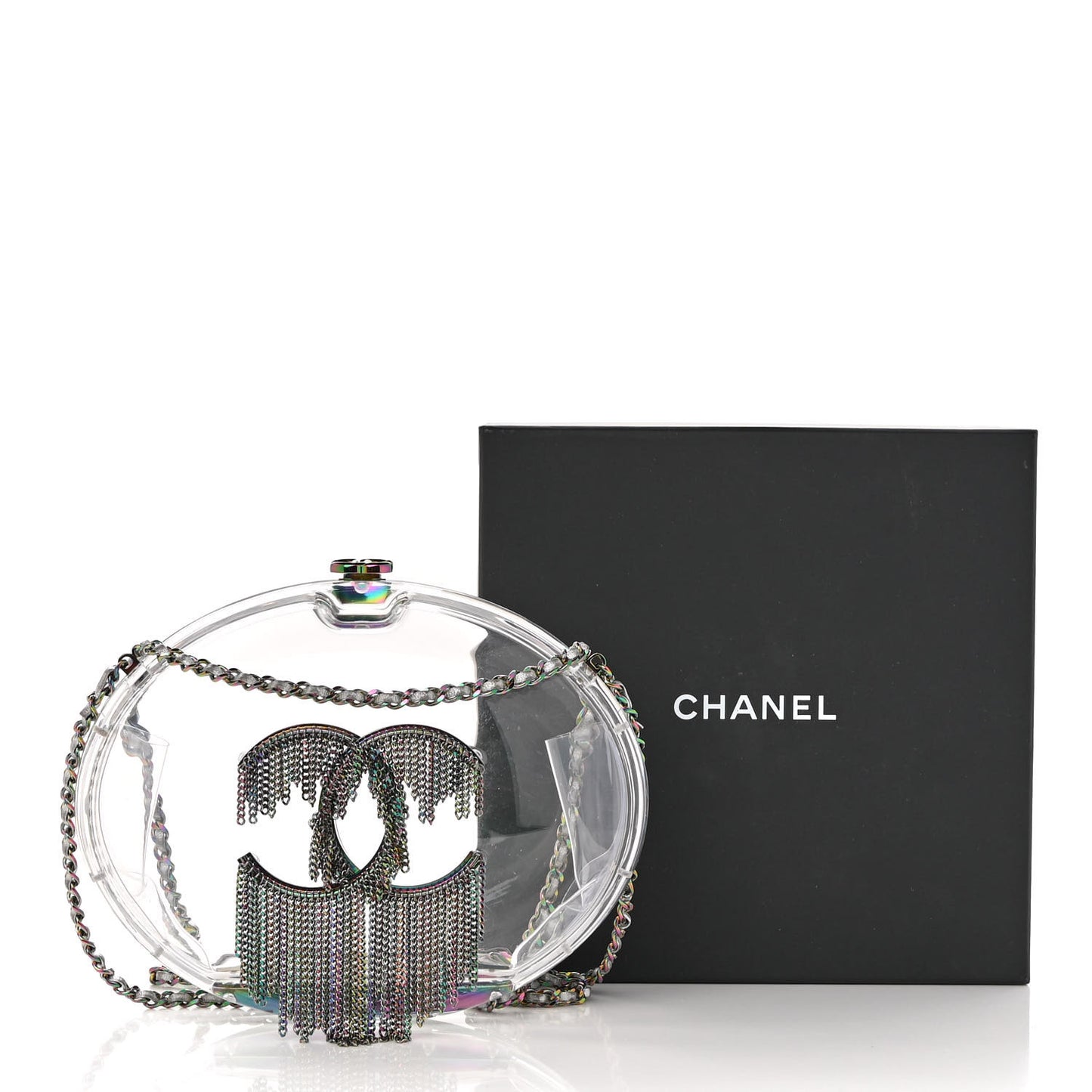 Plexiglass Iridescent Chain Fringe CC Clutch Clear