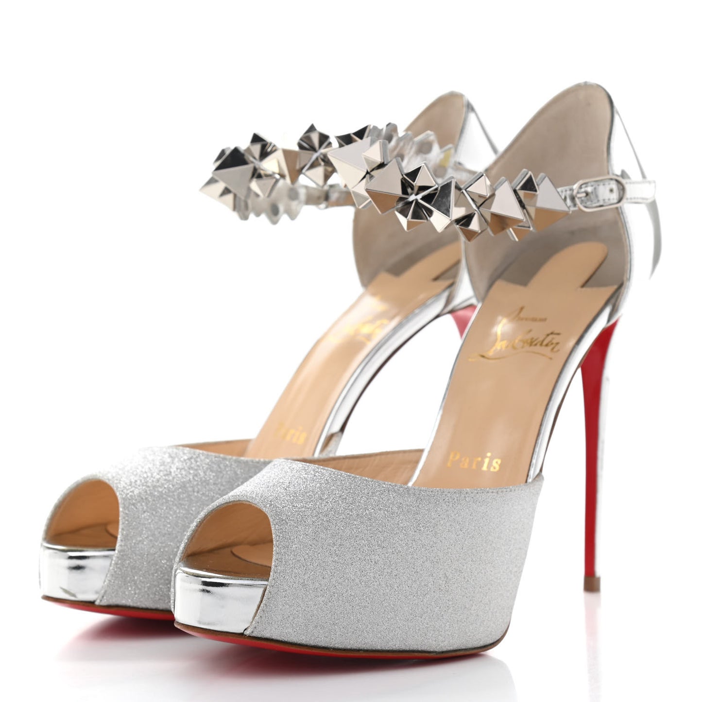 Glitter Calfskin Planisfemme 120 Peep Toe Sandals 37 Silver