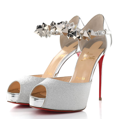 Christian Louboutin Glitter Calfskin Planisfemme 120 Peep Toe Sandals 37 Silver 3 of 13