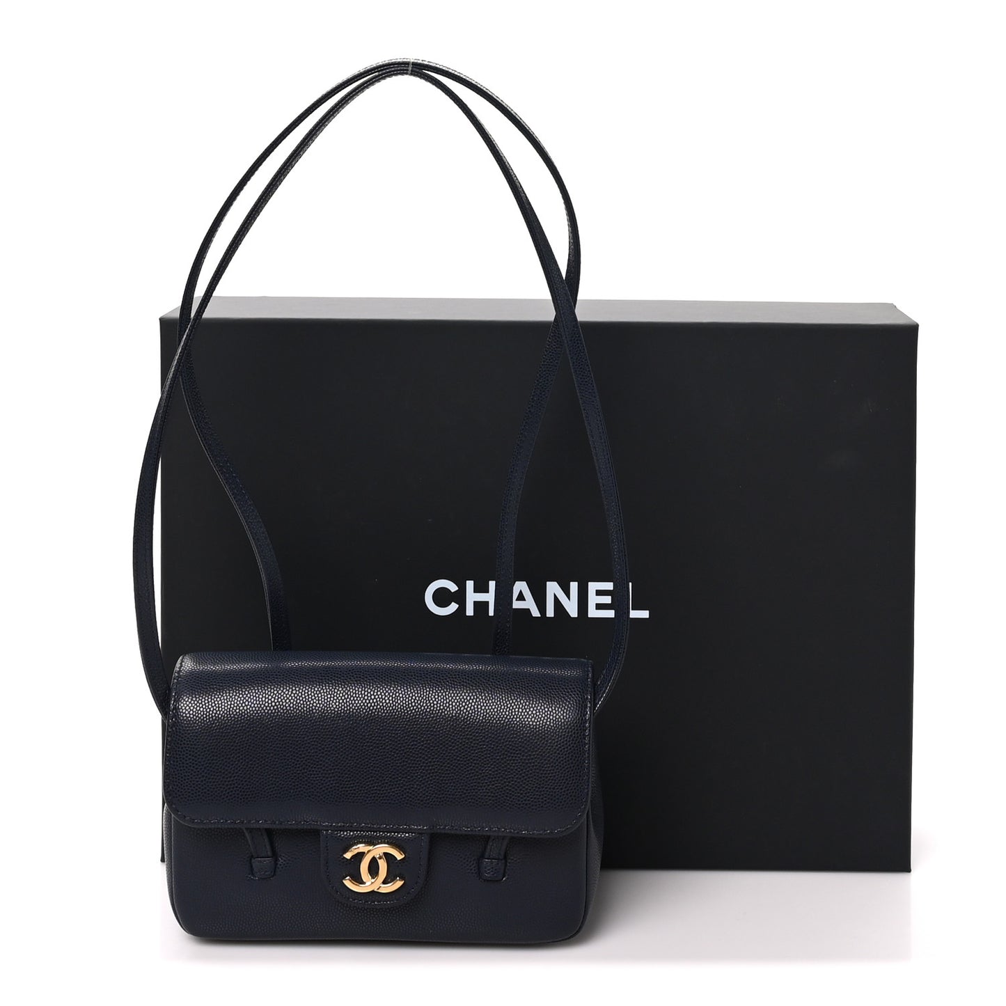Shiny Caviar Mini Preppy Coco Shoulder Bag Dark Blue