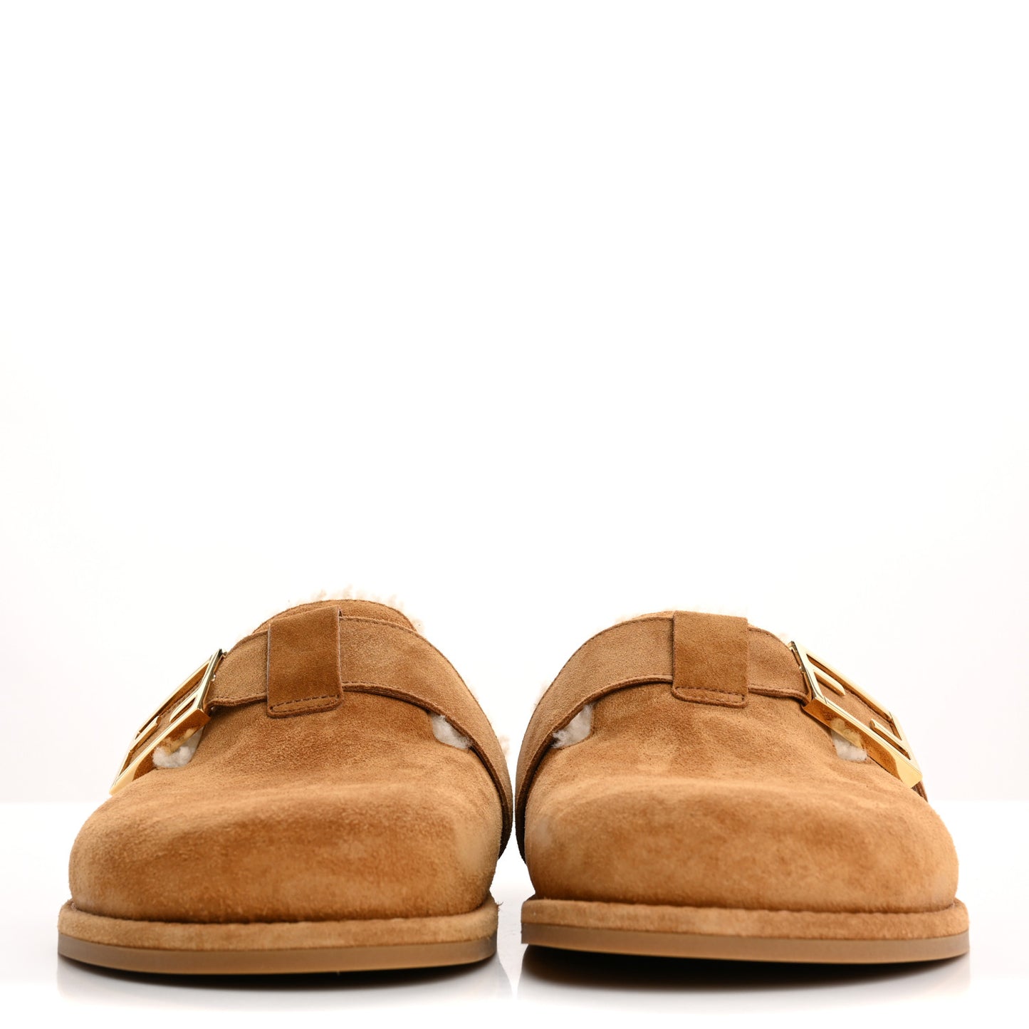 Suede Shearling Fendi Feel Buckled Clogs 38 Caramel Latte