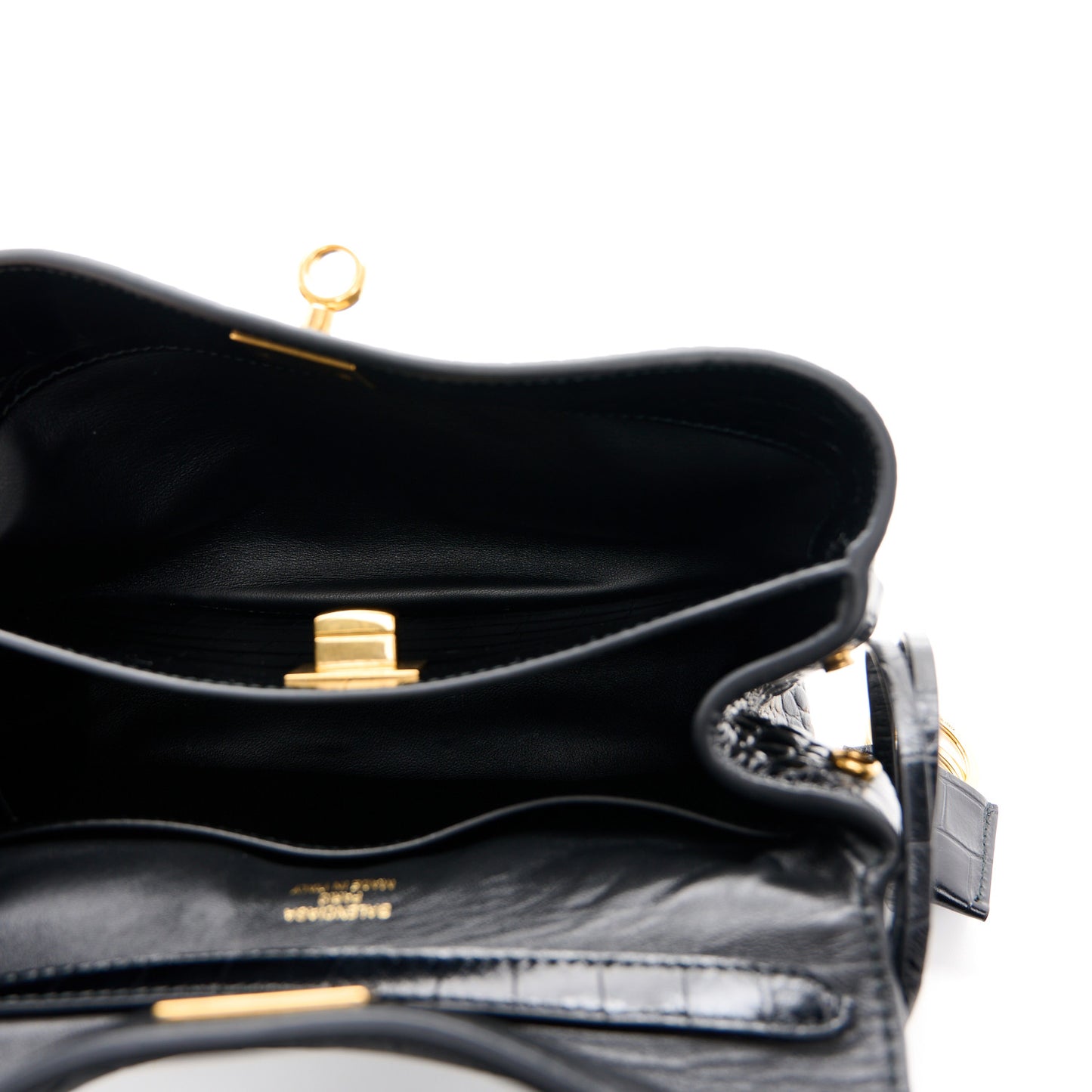 Shiny Calfskin Crocodile Embossed Mini Rodeo Top Handle Handbag Black