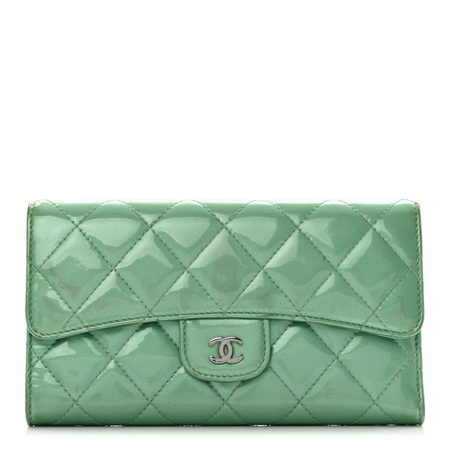 Chanel Patent Quilted Large Flap Wallet Green 1 of 11