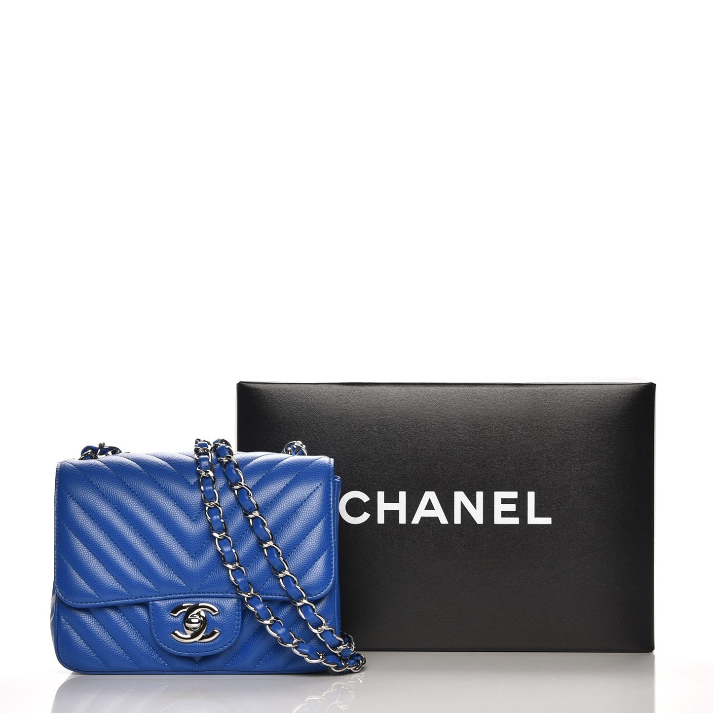 Caviar Chevron Quilted Mini Square Flap Blue