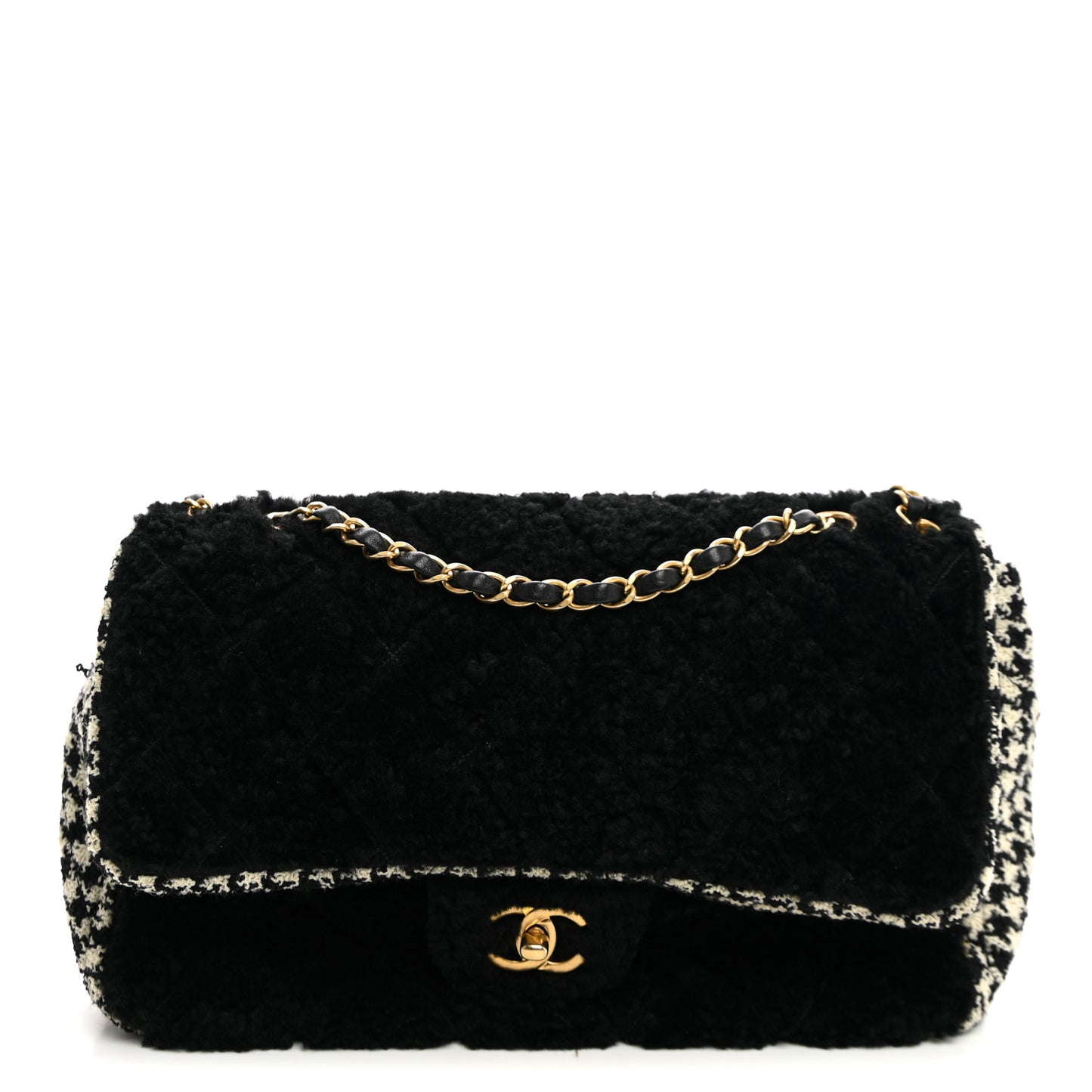 Shearling Sheepskin Tweed Quilted Single Flap Black