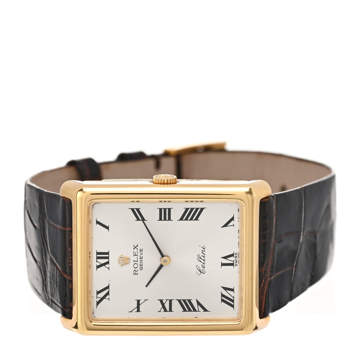 18K Yellow Gold Alligator 25mm Cellini Manual Winding Watch Silver 4105