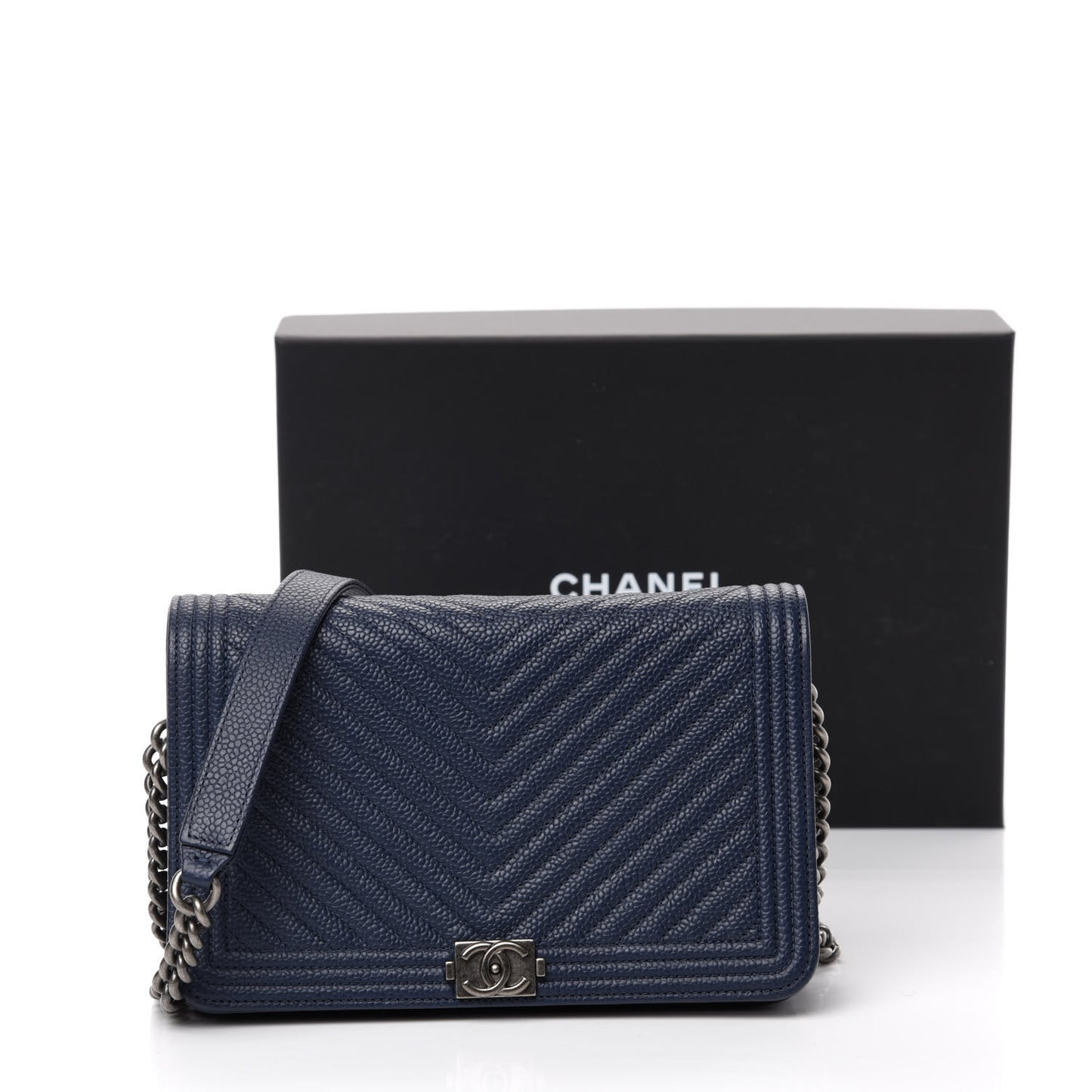 Caviar Chevron Quilted Boy Wallet On Chain WOC Blue