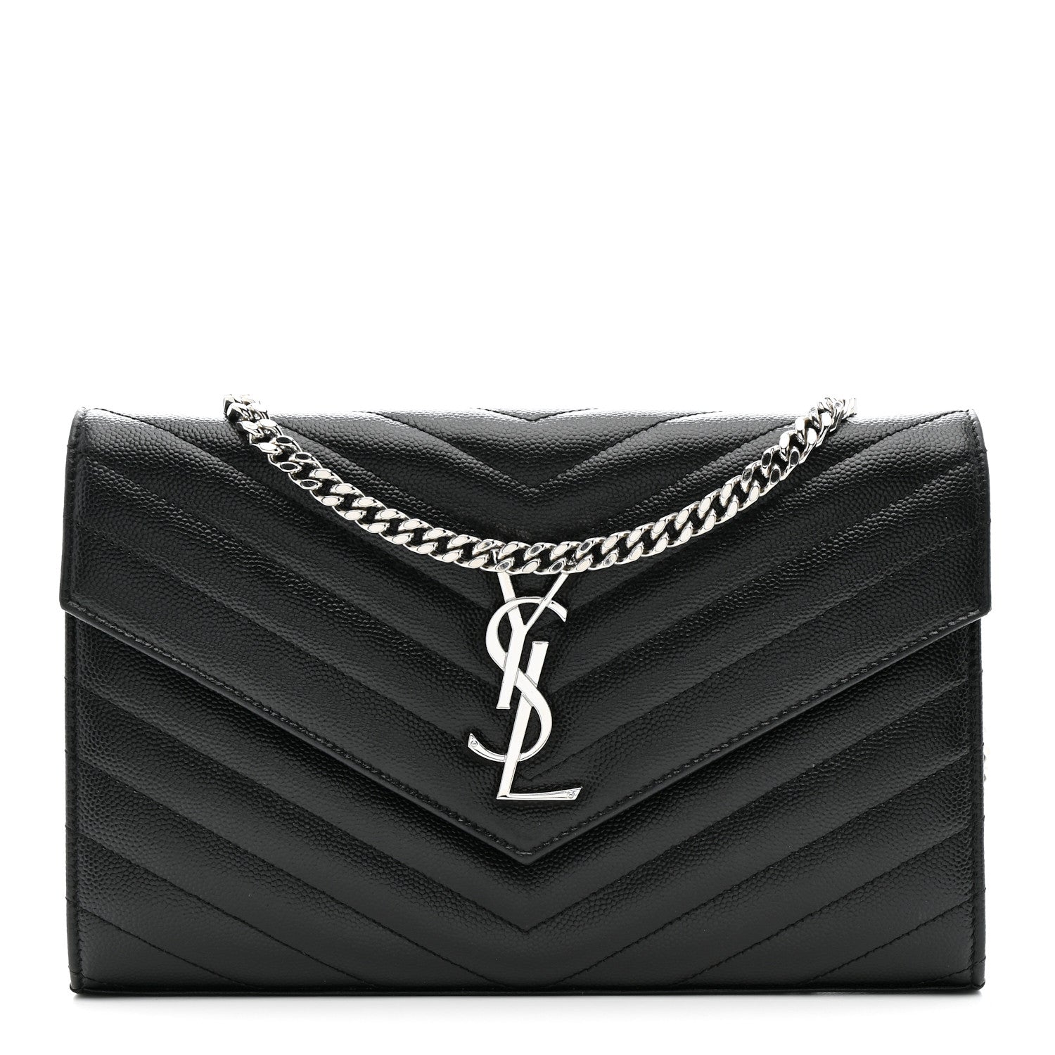 Saint Laurent Grain De Poudre Matelasse Chevron Monogram Chain Wallet Black 1 of 16