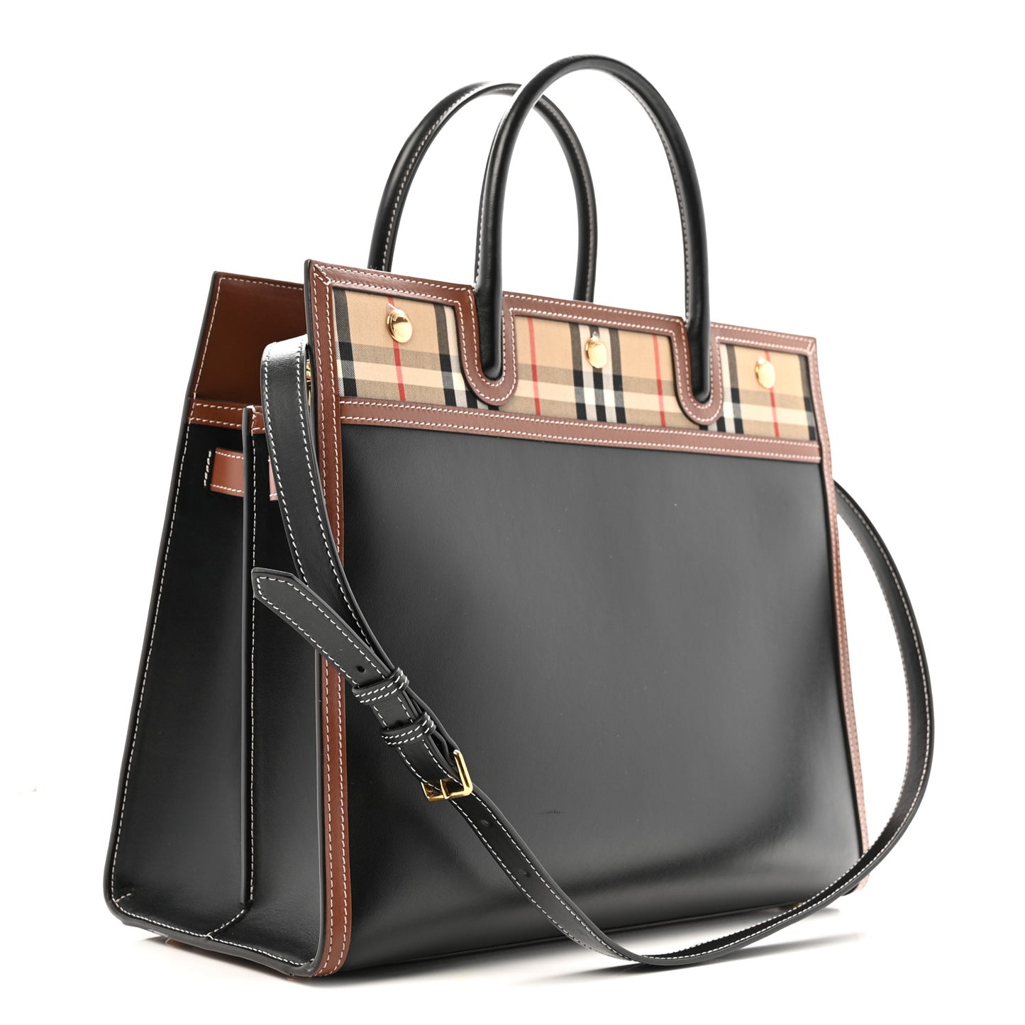 Calfskin Vintage Check Medium Two Handle Title Bag Black