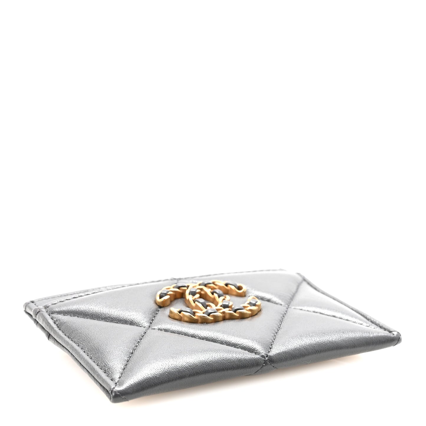 Shiny Goatskin Quilted Chanel 19 Card Holder Dark Grey