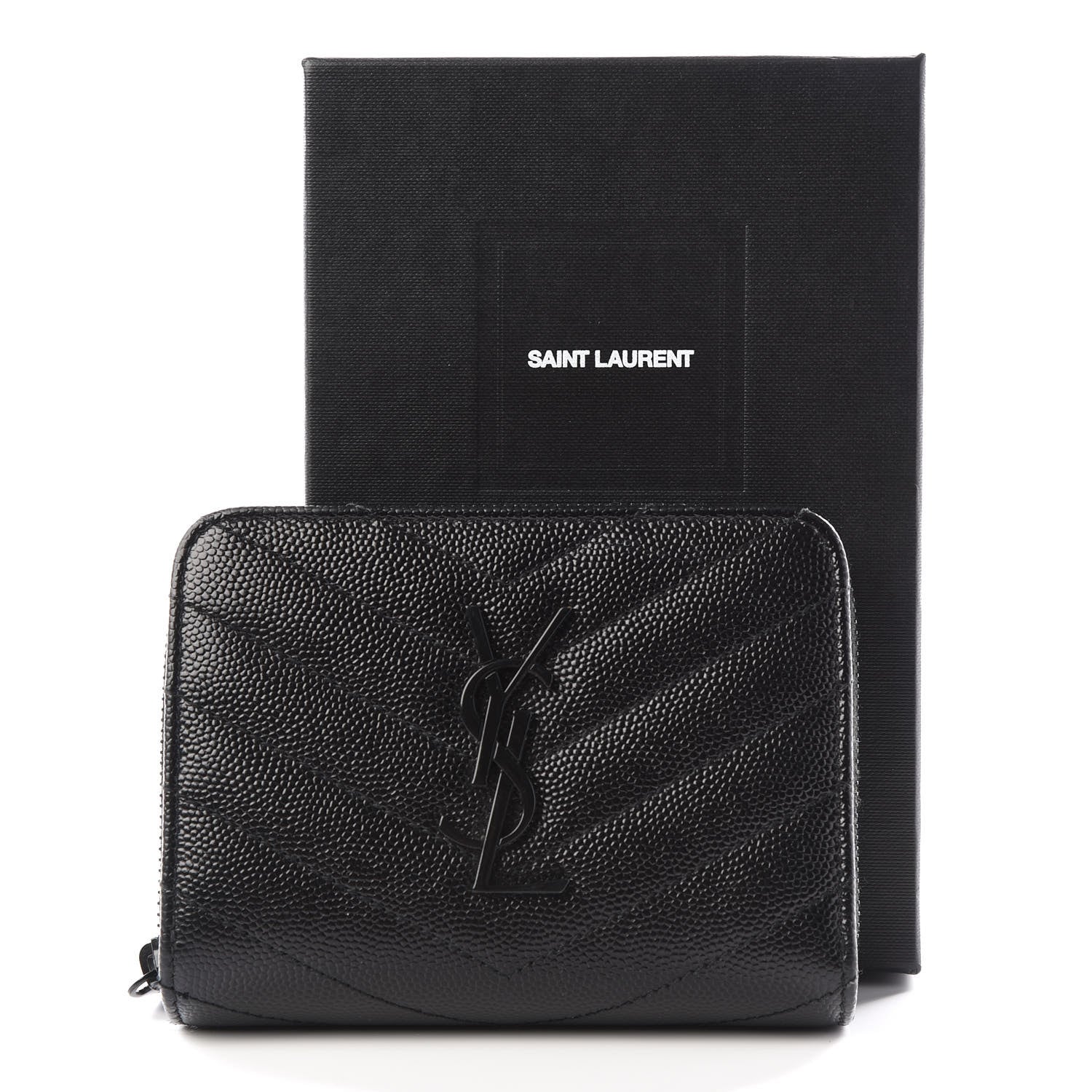 Saint Laurent Grain De Poudre Matelasse Chevron Monogram Compact Zip Around Wallet Black 10 of 10